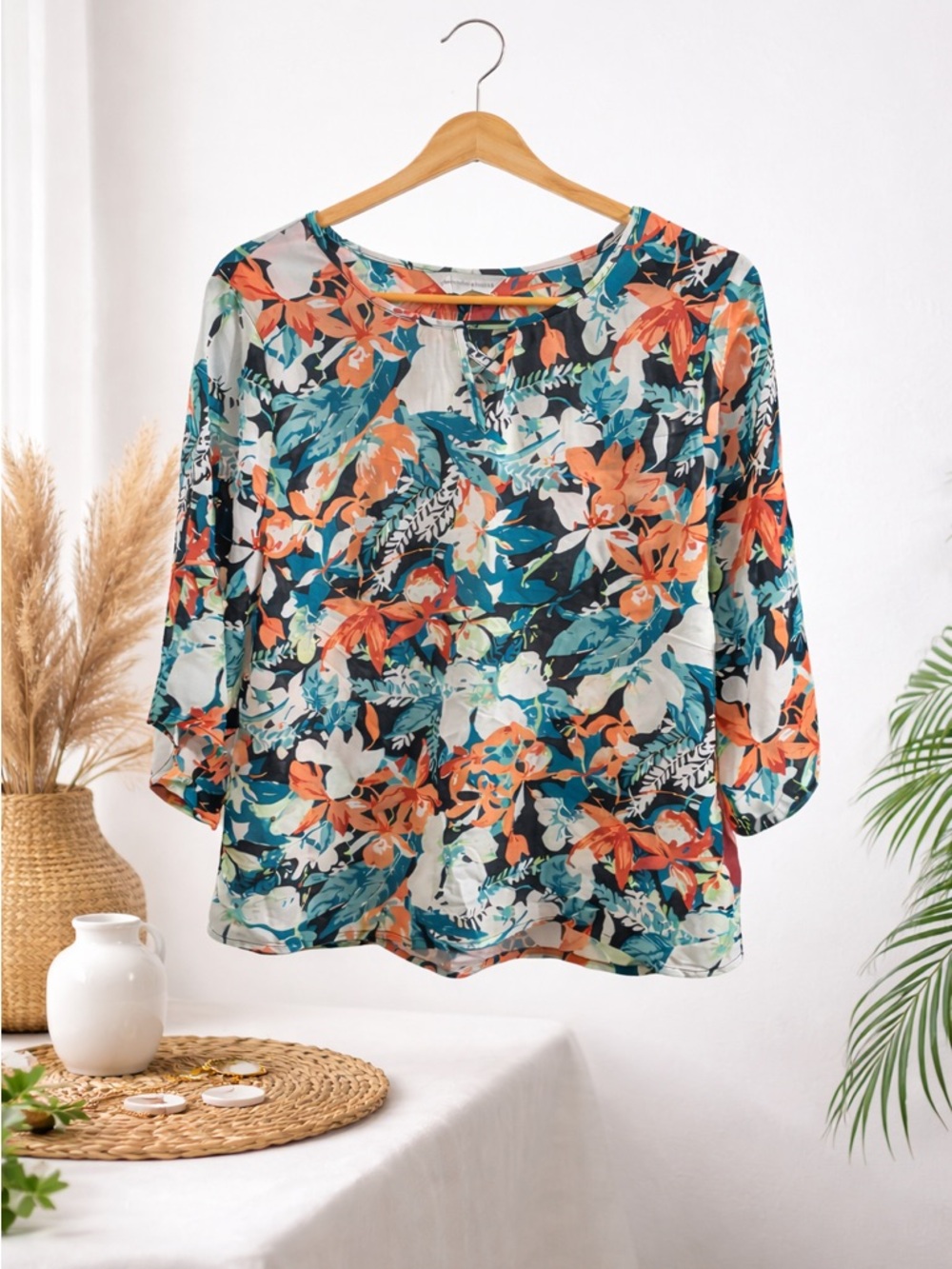 Christopher & Banks Teal, Coral & White Floral Sheer Blouse